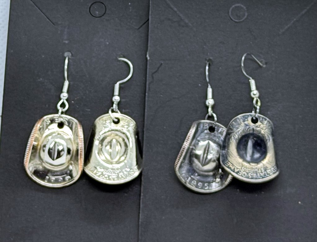 Polished earrings on the left, aged earrings on the right
