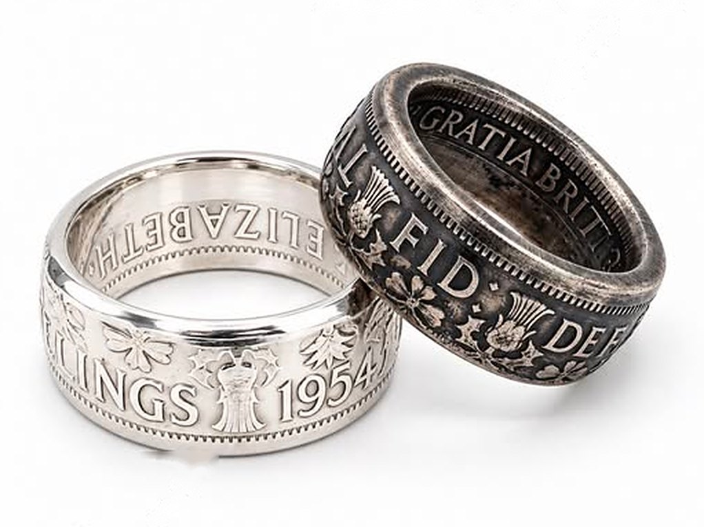 Two coin rings side by side: a bright polished ring on the left and a darker aged ring on the right
